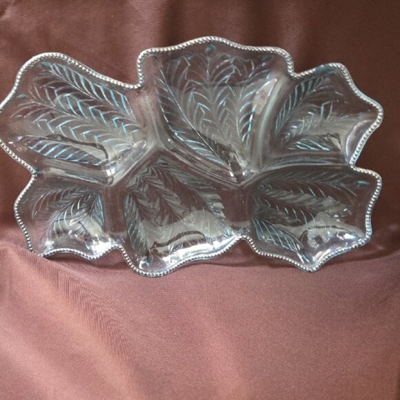 Vintage Jeanette Depression Blue Glass Feather Divided Relish Tray - Picture 1 of 10